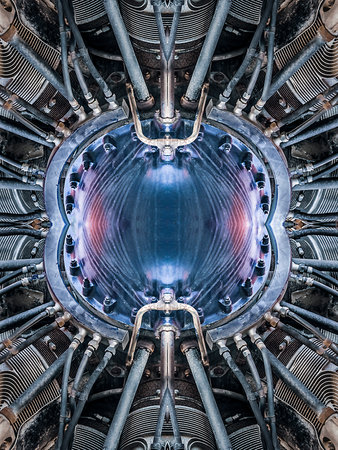Futuristic radial collage blue mixed colors backgroundの写真素材