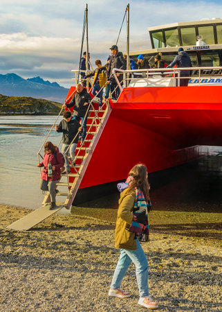 Ushuaia, Argentina; April 15 2022: Ship trip excursion arriving to one of the islands at beagle channel, ushuaia, argentina tierra del fuego, argentinaのeditorial素材