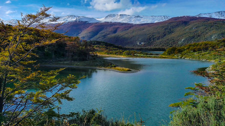 Lapataia river surrounded by snowy Andes mountains, Tierra del Fuego National Park, Argentinaのeditorial素材