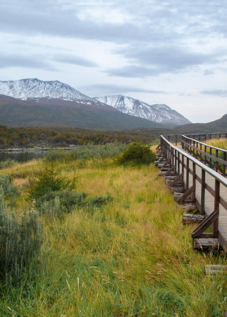 Empty wooden road and snowy Andes mountains at background, Tierra del Fuego National Park, Argentinaのeditorial素材