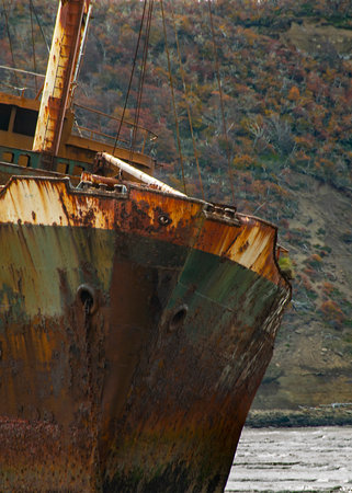 Abandoned aground commercial ship at Cabo San Pablo beach, Tierra del Fuego, Argentinaの写真素材