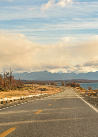 Highway crossing Patagonian forest landscape environment, Tierra del Fuego province, Argentinaの写真素材