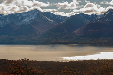 Empty quiet beautiful wild landscape at Torito Bay, Tierra del Fuego province, Argentinaの写真素材