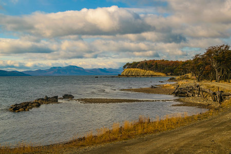 Empty quiet beautiful wild landscape at Torito Bay, Tierra del Fuego province, Argentinaの写真素材