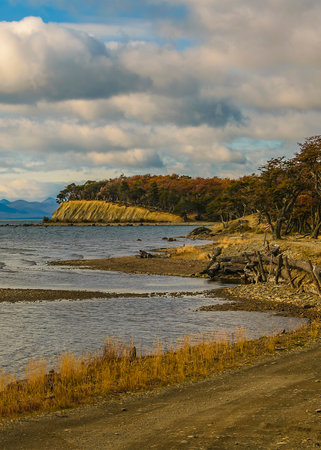 Empty quiet beautiful wild landscape at Torito Bay, Tierra del Fuego province, Argentinaの写真素材
