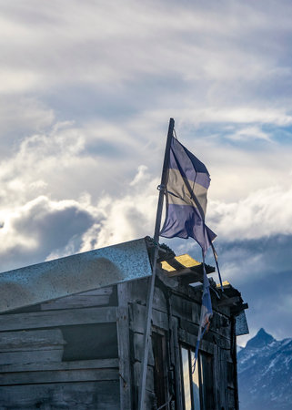 Damaged abandoned wooden construction at border of island, Tierra del Fuego, Argentinaの写真素材