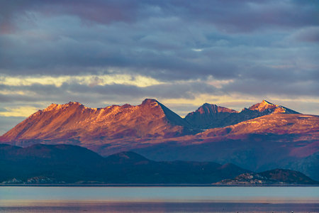 Puerto Williams and Beagle Channel, view from Puerto Almanza point of view, Tierra del Fuego, Argentinaの写真素材