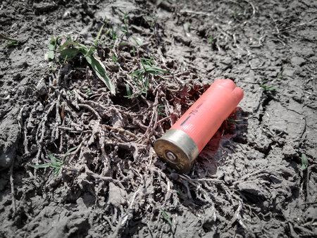 High angle shot used shotgun cartridge over ground at outdoor environment