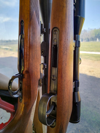 Two shotguns in vertical position at shooting club, Canelones, Uruguayの写真素材