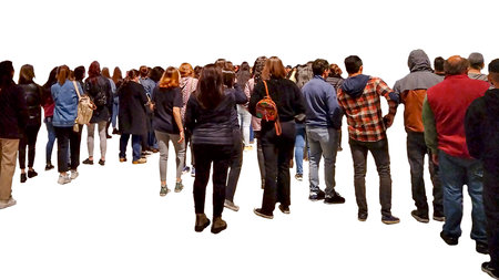 Panoramic isolated photo of group of people standing in back view watching over white backgroundの写真素材
