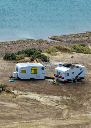 Cerro avanzado beach fromt cerro avanzado viewpoint, punta loma peninsula, puerto madryn, chubut province, argentinaの写真素材