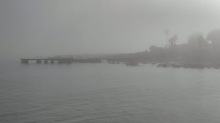 Breakwater and waterfront park foggy winter day landscape, parque rodo negihborhood, montevideo city, uruguayの写真素材
