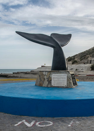 Whale sculpture monument at urban park, puerto piramides beach, biedma department, puerto madryn, chubut province, argentinaの写真素材
