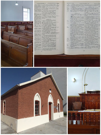 Trelew, Argentina; December 28 2022: Photo colage of capilla tabernacl chapel, an antique calvinist methodist protestant religious building located in trelew city, argentinaの写真素材