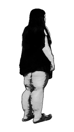 Side view shot full body portrait fat woman wearing summer clothes isolated black and white graphicの写真素材