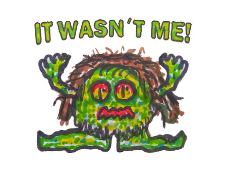 Quirky cartoon monster with wild hair and wide red eyes raises its arms in defense, exclaiming "IT WASN'T ME!" in a humorous and exaggerated manner. The creature looks startled, as if trying to avoid blame.の写真素材
