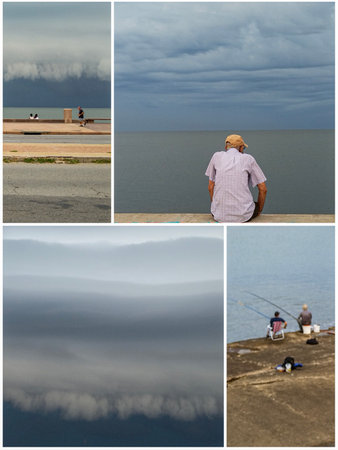 Photo collage storytelling composition of famous montevideo city waterfront promenade called "la rambla"の写真素材
