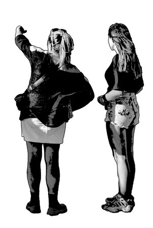 Two shot mother and daughter back view isolated black and white graphic illustrationの写真素材