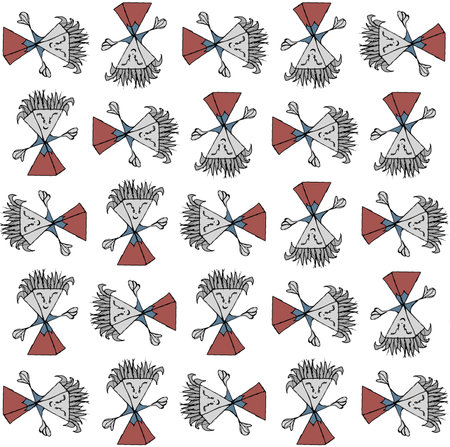 Fantasy angry character hand drawn motif seamless colored pattern over white backdropの写真素材
