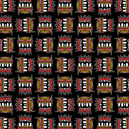 Hand drawn colored illustration motif pattern over black backgroundの写真素材