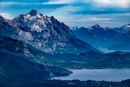 Andes range mountains and at nahuel huapi lake landscape, san carlos de bariloche, rio negro province, argentinaの写真素材
