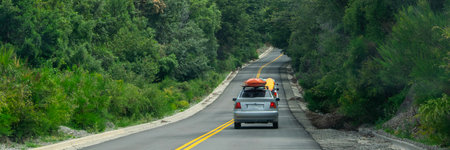 Chubut, Argentina, January 8 2023: Highway surrounded by forest landscape at los alerces national park, a world heritage site located in chubut province, patagonia, argentinaの写真素材