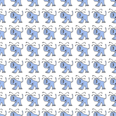 Baby alien creature hand drawn illustration motif  blue and white colors patternの写真素材