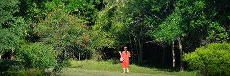 Adult woman with red summer dress walking at rural meadow landscape at sunny day, os cerrillos, canelones department, uruguayの写真素材