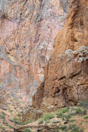 Canyon rocky detail at la buitrera canyon,  a rock formations formed by ancient volcanic activity located in patagonia, chubut province, argentinaの写真素材