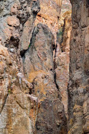 Canyon rocky detail at la buitrera canyon,  a rock formations formed by ancient volcanic activity located in patagonia, chubut province, argentinaの写真素材