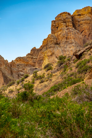 Rocky mountains at la buitrera canyon landscape, patagonia, piedra parada, languineo department, chubut province, argentinaの写真素材