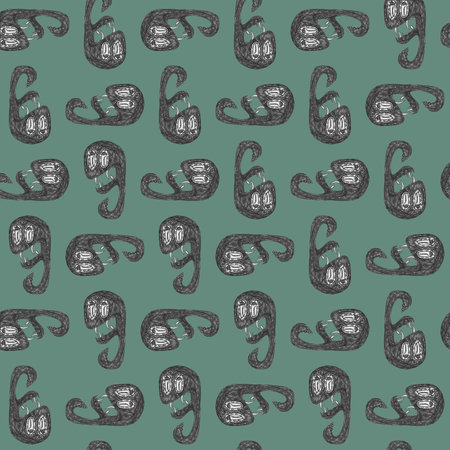 Hand drawn sketchy style snake illustration motif pattern in grey and green colors