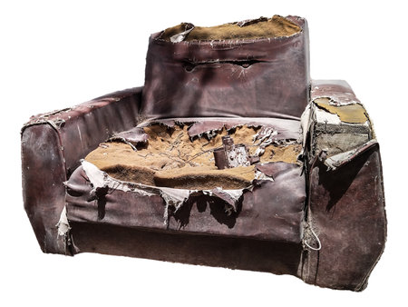 Friont view old damaged abandoned sofa isolated real photoの写真素材
