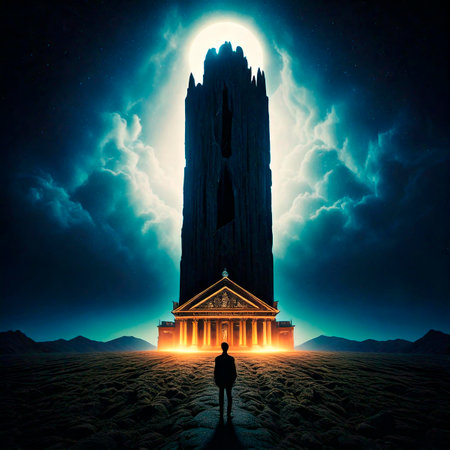 Rear view human silhouette standing in front of mystic palace tower with greek style entrance in dramatic deserted landscape environmentの写真素材
