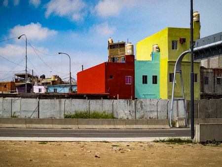 Wide shot summer day urban scene at villa 31 neighborhood, buenos aires, argentinaの写真素材