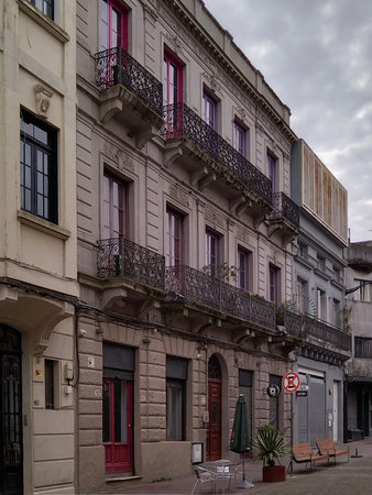 Empty piedras street at famous touristic ciudad vieja neighborhood, montevideo city, uruguayの写真素材