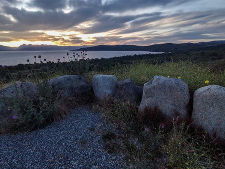Nahuel huapi lake and andes range mountains at background at sunset time landscape, bariloche, rio negro province, patagonia, argentinaの写真素材