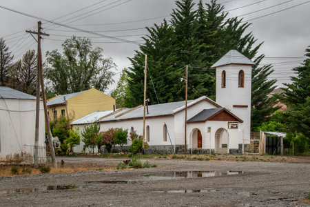 Exterior view of rustic white old church at small village located in rio negro province, patagonia, argentinaの写真素材
