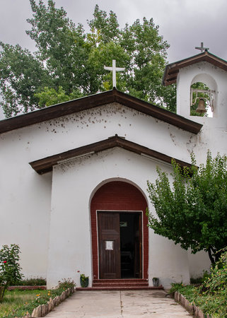 Exterior view of rustic white old church at small village located in rio negro province, patagonia, argentinaの写真素材