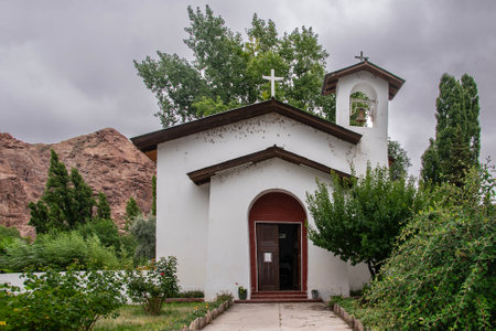 Exterior view of rustic white old church at small village located in rio negro province, patagonia, argentinaの写真素材