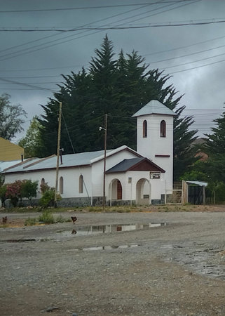 Exterior view of rustic white old church at small village located in rio negro province, patagonia, argentinaの写真素材