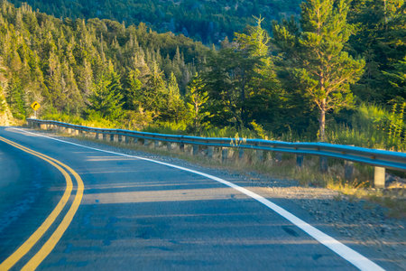 Empty modern highway crossing patagonian forest landscape, rio negro province, patagonia, argentinaの写真素材
