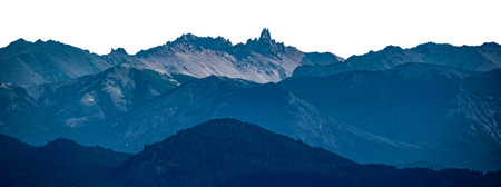 Rocky and forest mountains panoramic isolated on blank backgroundの写真素材