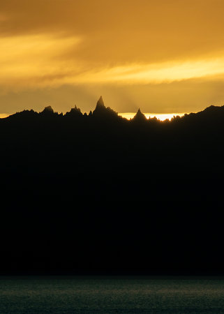 Mountains range at sunset time, nahuel huapi park landscape, rio negro province, patagonia, argentinaの写真素材