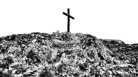 Black and white graphic wooden cross at top of hill isolated on blank backgroundの写真素材