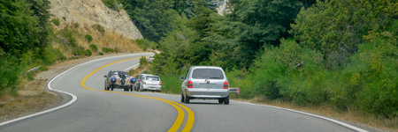 Modern highway crossing patagonian forest landscape, rio negro province, patagonia, argentinaの写真素材