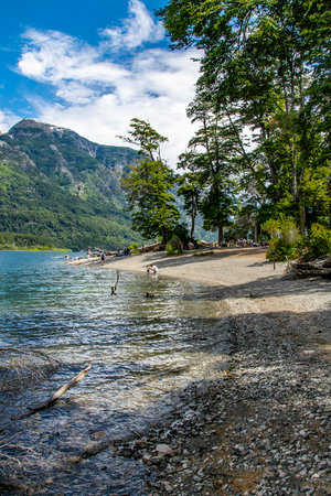 Rocky beach summer landscape, los alerces national park, chubut province, argentina,の写真素材