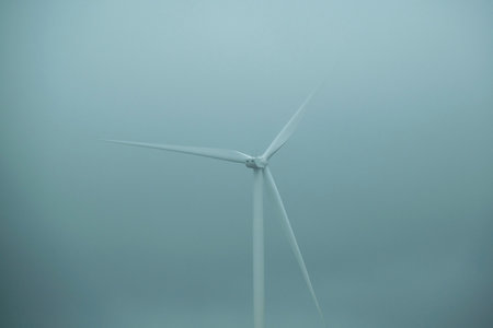 Zoom in shot windmill cover by fogy sky, chubut province, patagonia, argentina