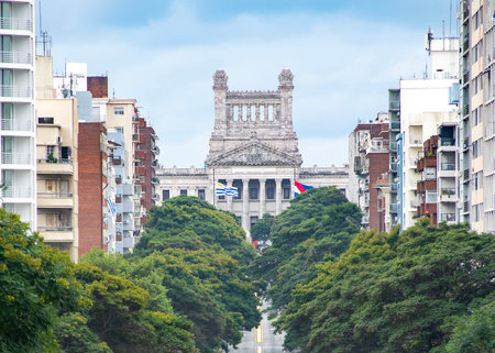 Aerial view of libertador avenue and legistative palace building, montevideo city, uruguayの写真素材