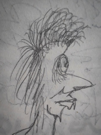 Side view medium close-up portrait of fantasy antropomorphus monster black and white sketch on paper hand drawn illustrationの写真素材